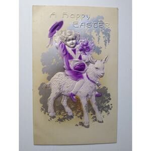 Vintage Deep Embossed Easter Postcard Puple Child Riding Goat Silver Accents